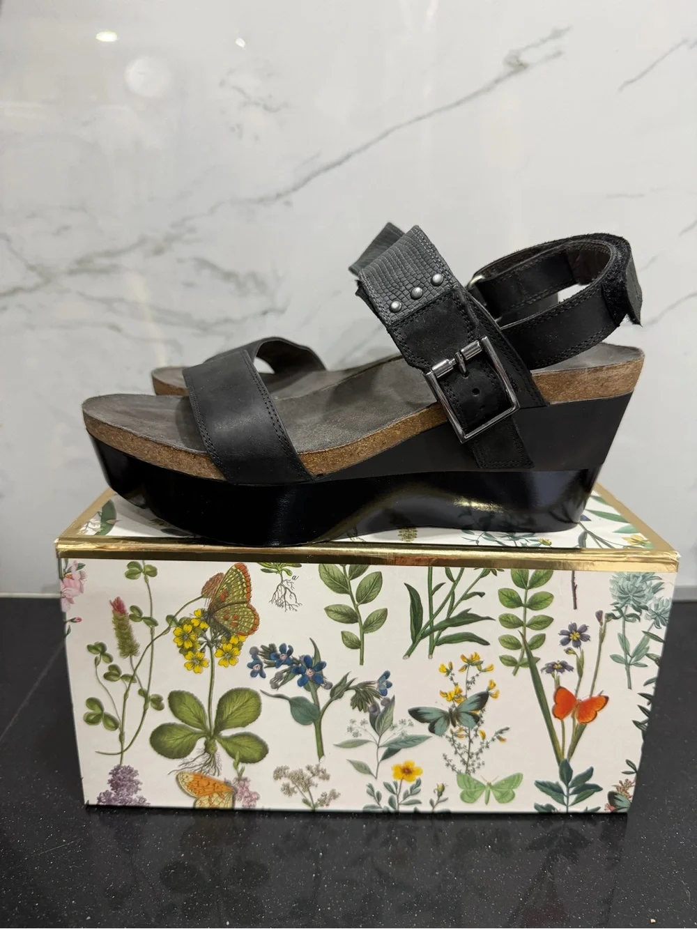 Naot Black Leather Platform Wedge Sandal with Ankle Buckle